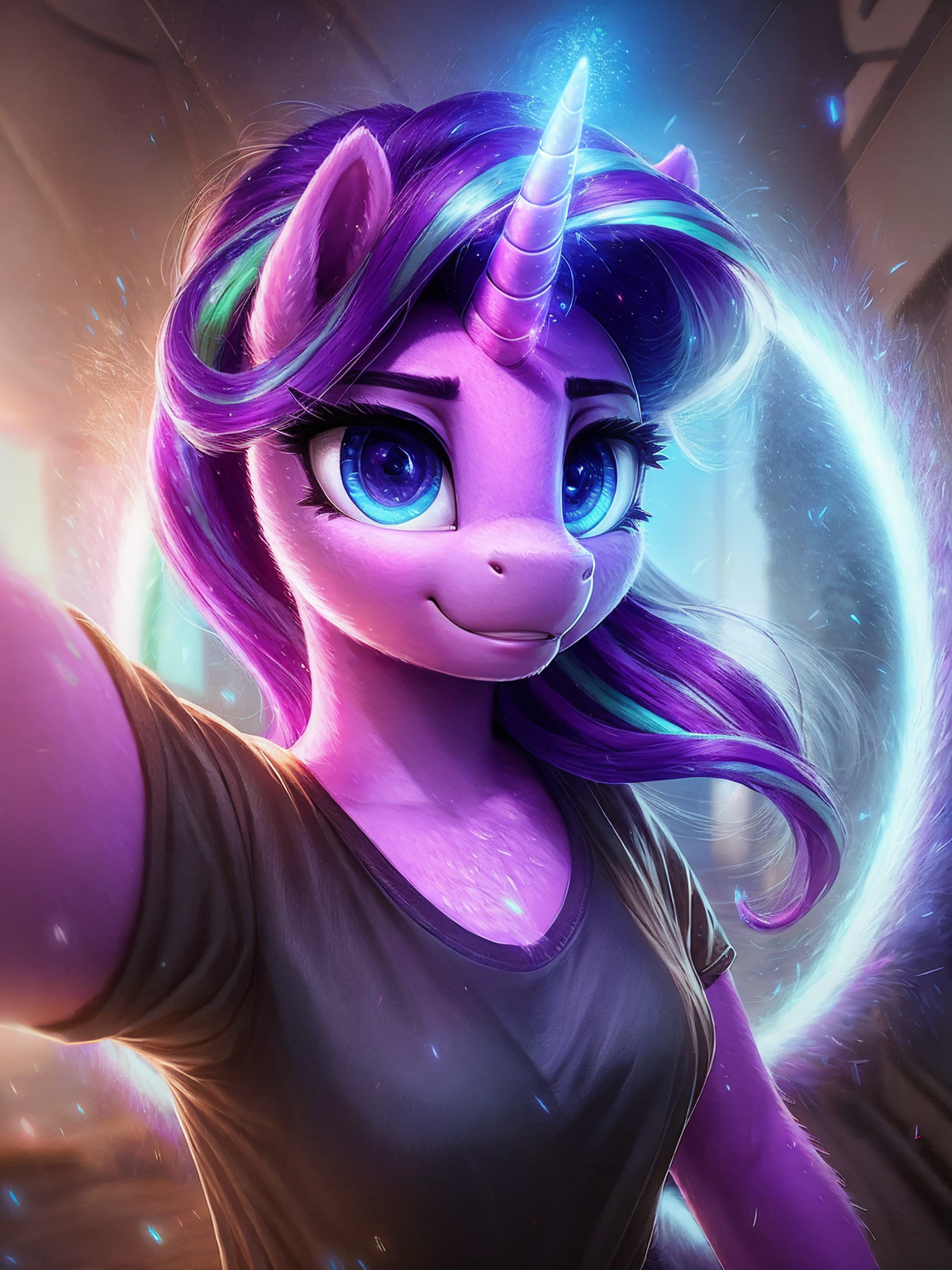 01377-284674473-(selfie_1.2), anthro pony, unicorn Starlight Glimmer is walking, illuminating horn, _lora_Inter_Dimensional_Portal_0.7_ portal,.png
